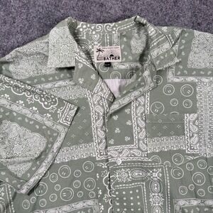 Bather Shirt XL/TG Green Paisley Smiley Face Short Sleeve Button Up Cotton Men's